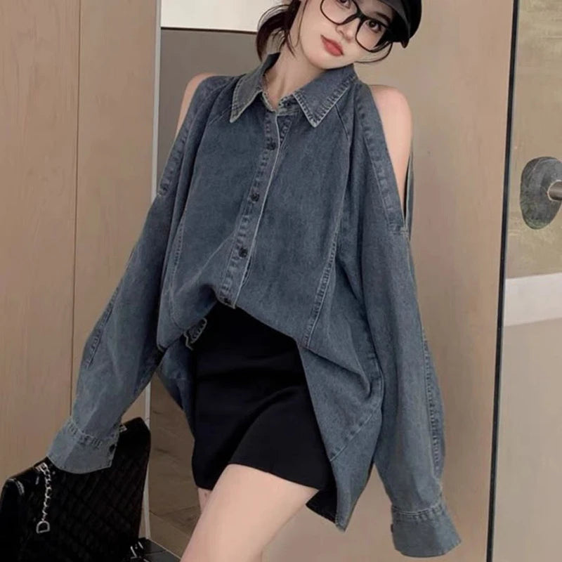 Retro Off Shoulder Denim Shirts Woman 2024 Fashion Single Breasted - Jeetskee