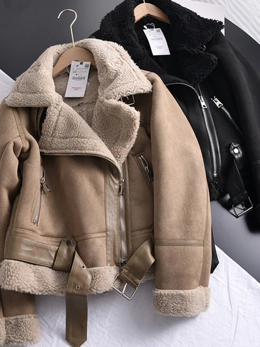 Ailegogo Winter Women Thick Warm Suede Lamb Jacket Short Motorcycle - Jeetskee