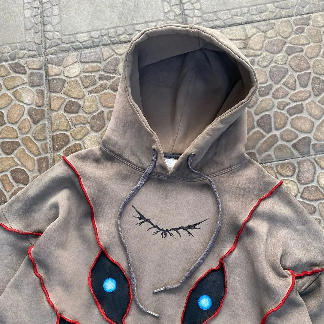Gothic Punk Eye Pattern Patchwork Hoodies Women Y2k Top New Retro - Jeetskee