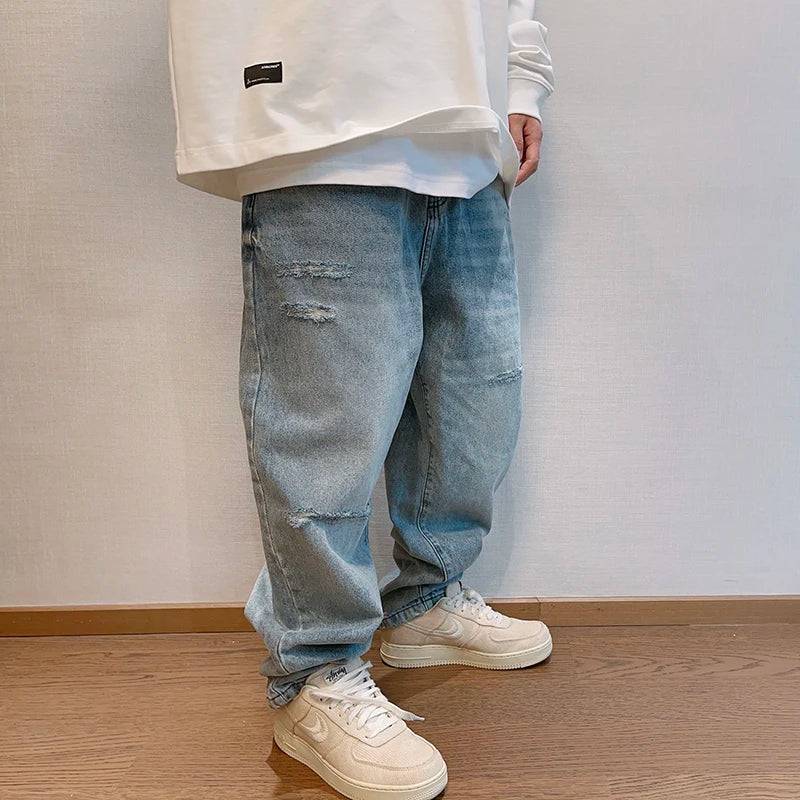 Korean Hip Hop Ripped Baggy Jeans Men Clothing Japanese Streetwear - Jeetskee