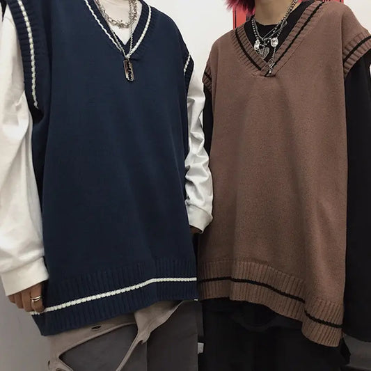 Couple Wear Trend Autumn Men and Women V-neck Sleeveless Knit Loose - Jeetskee