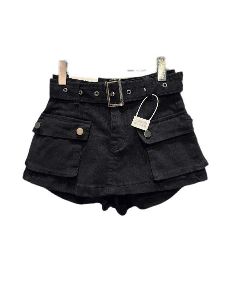 Women's Black Denim Cargo Shorts Fashion High Waist Ladies Streetwear - Jeetskee