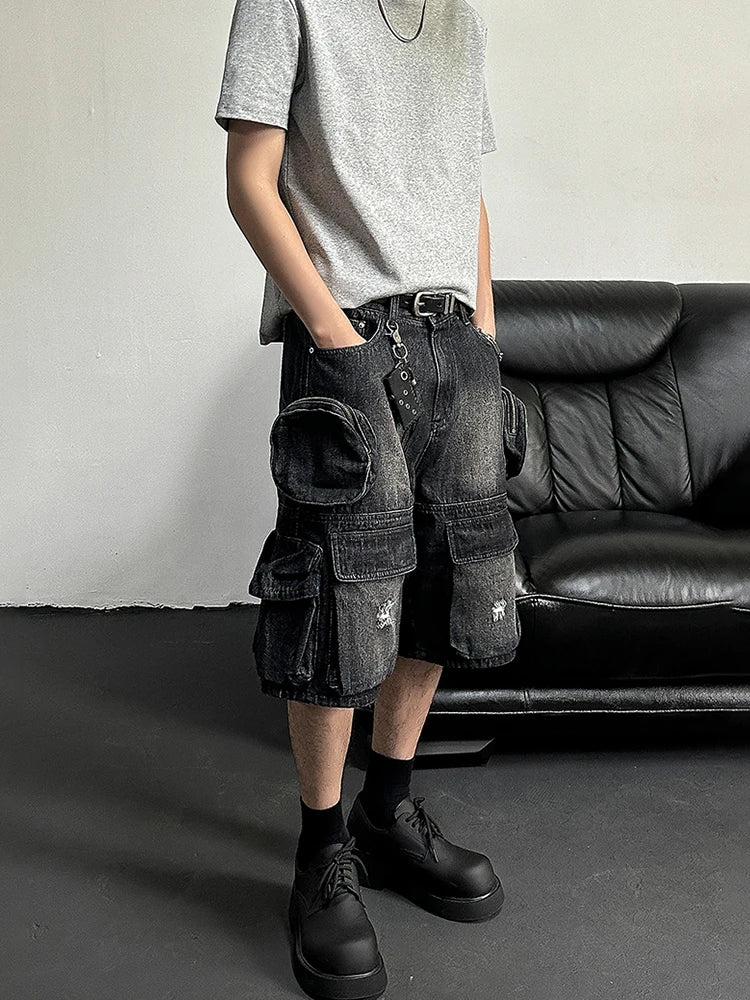 REDDACHiC Hiphop Men Cargo Pockets Denim Shorts Black Washed Destroyed - Jeetskee