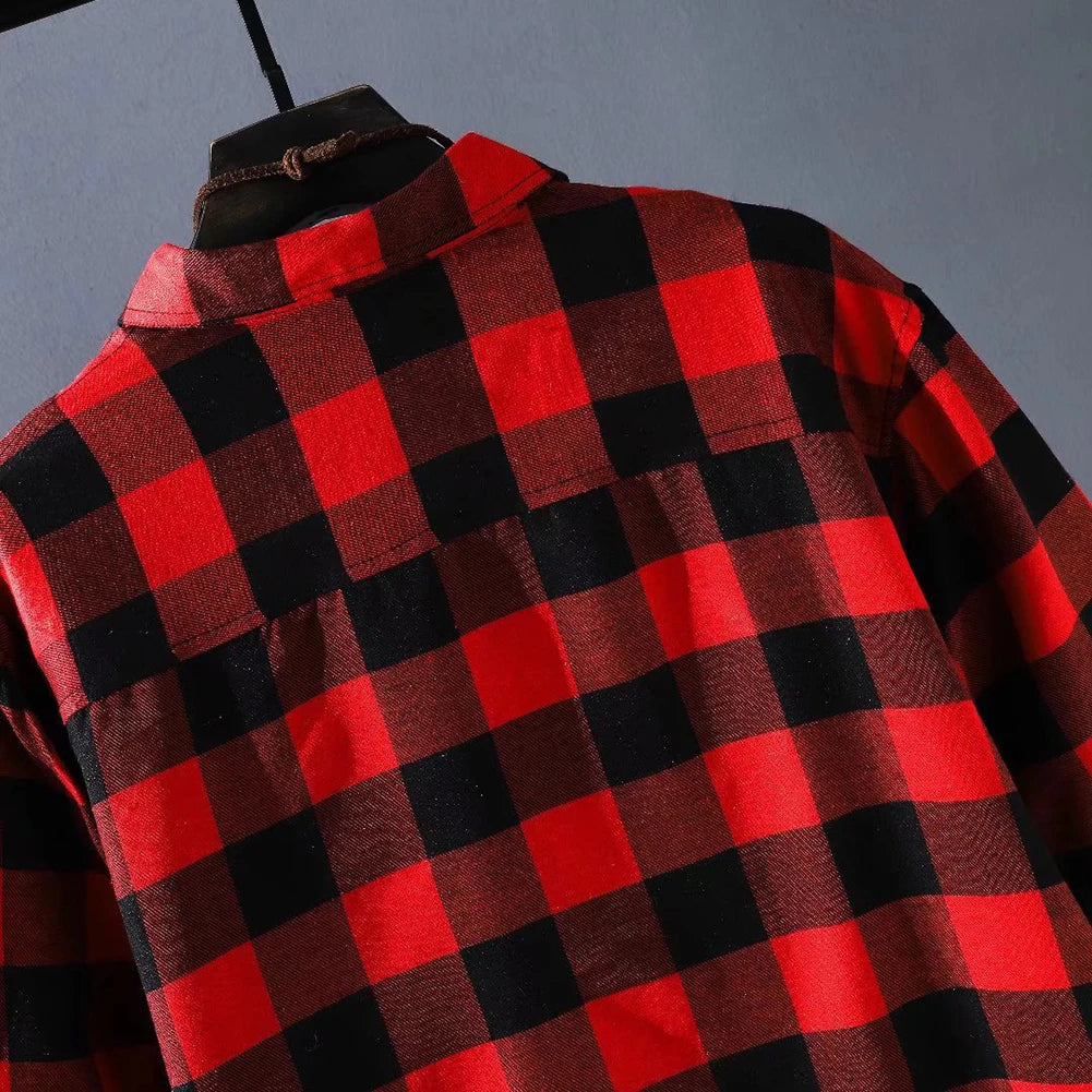 Stylish Mens Button Down Plaid Shirts  Baggy Coat Lapel Tops  Long - Jeetskee