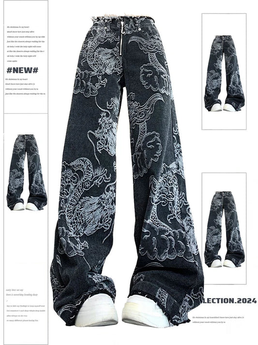 Women Black Gothic Dragon Print Jeans Baggy Vintage Aesthetic Cowboy - Jeetskee