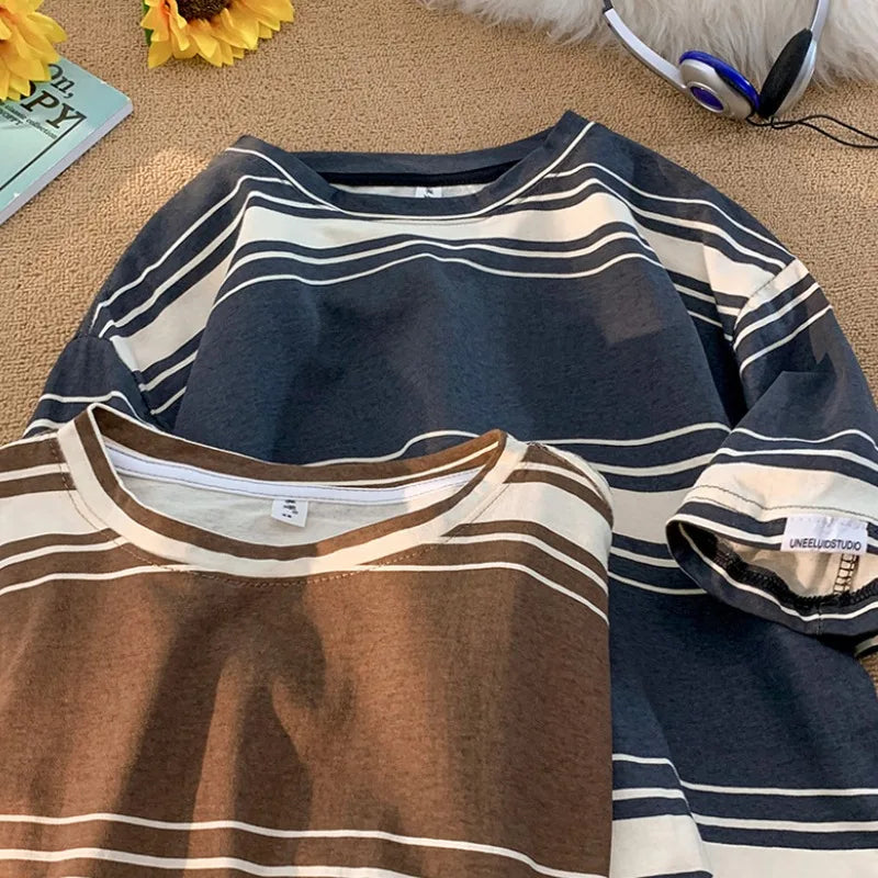 M-3XL Vintage T-shirts Men Striped Y2k Tops Baggy Round Neck Korean - Jeetskee