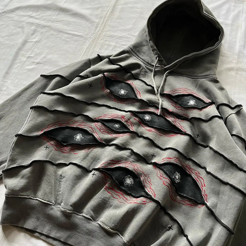 Gothic Punk Eye Pattern Patchwork Hoodies Women Y2k Top New Retro - Jeetskee