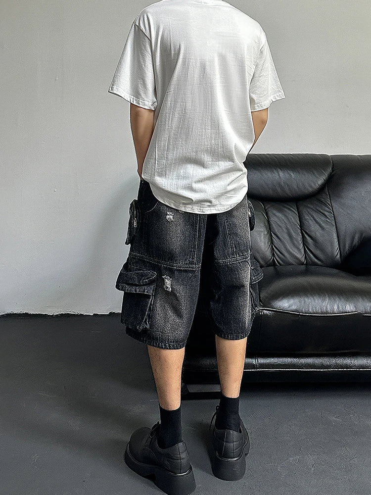 REDDACHiC Hiphop Men Cargo Pockets Denim Shorts Black Washed Destroyed - Jeetskee