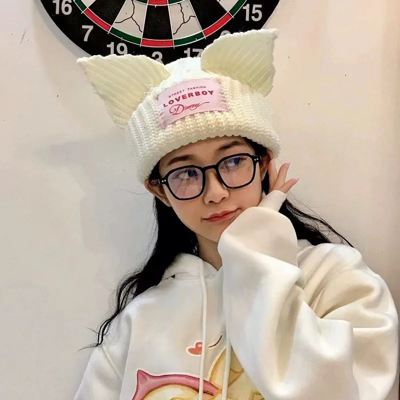 2023 New Long Ear Fox Hat Skullies Beanies Women Cute Rabbit Ears - Jeetskee