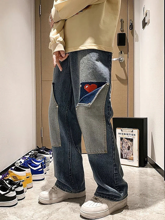 Harajuku Wide Leg Baggy Cargo Jeans Pants Men Heart Oversize Straight - Jeetskee