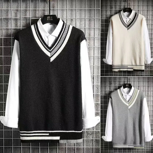 Fashion Sleeveless Sweater Vest Men V-neck Preppy Students Boys - Jeetskee