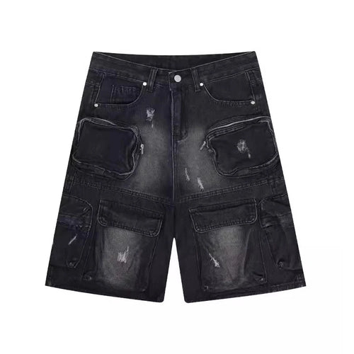 REDDACHiC Hiphop Men Cargo Pockets Denim Shorts Black Washed Destroyed - Jeetskee