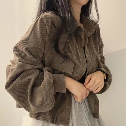 Long Sleeve Shirts Women Corduroy Korean Baggy All-match Tops Outwear - Jeetskee