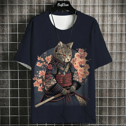 Samurai Cat T-Shirt For Men Summer Trendy Japanese Short Sleeve Tees - Jeetskee