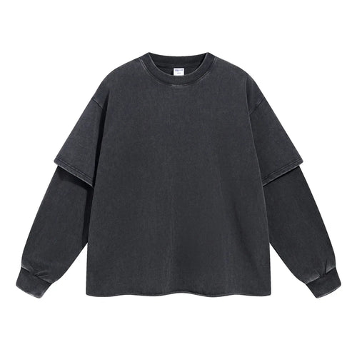 2024 Hip Hop Retro Fake Two Piece Rough Edge Round Neck Long Sleeve - Jeetskee