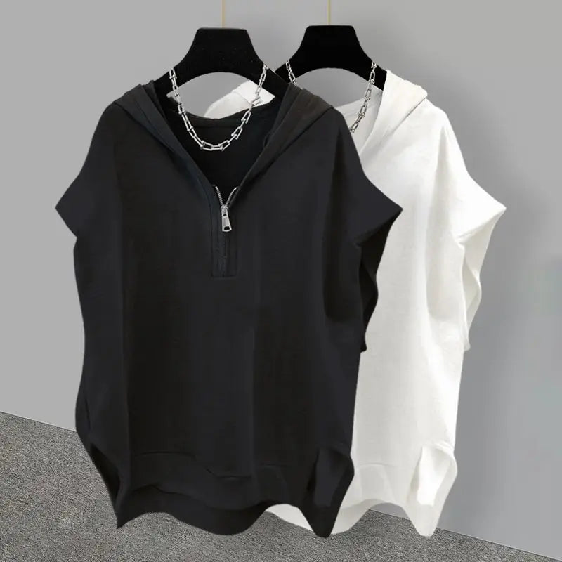 Simple Street Extra Large Solid Color Zipper Hooded Sleeveless Sweater - Jeetskee