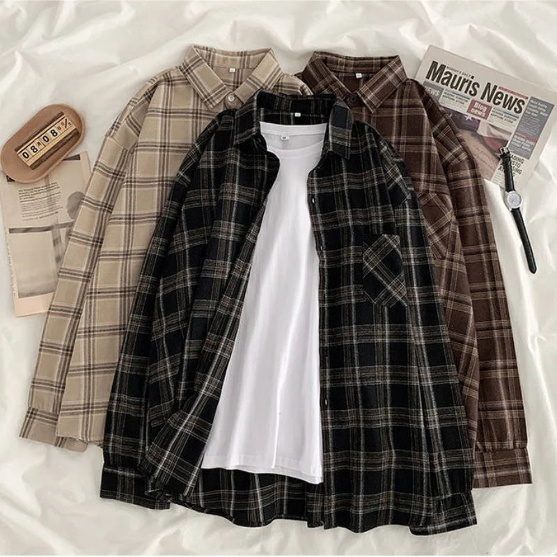 3XL Women Shirts Baggy Plaid Long Sleeve Chic Fashion Simple Casual - Jeetskee