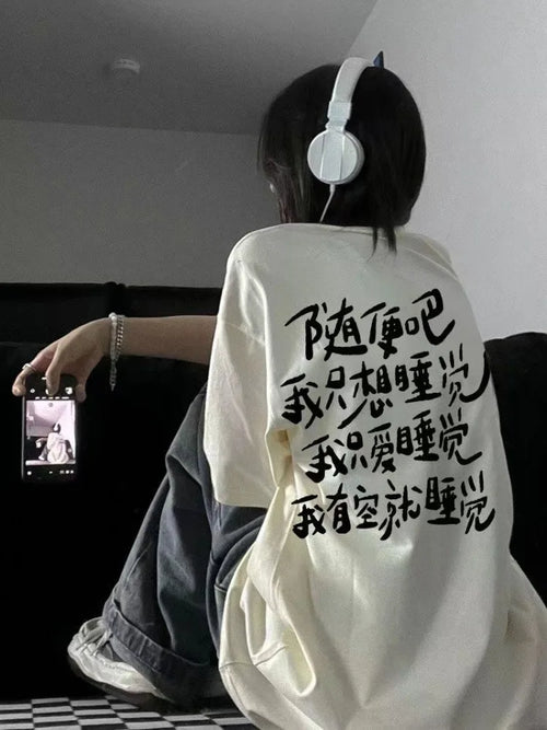 Letter T-shirts Women Harajuku Vintage Chinese Style Summer Couple