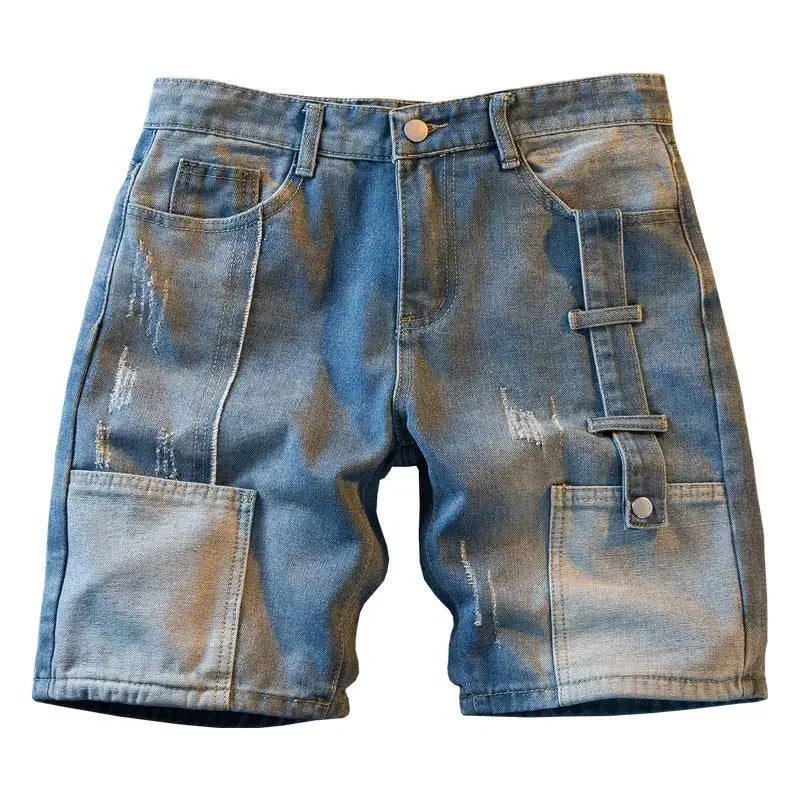 Men's Short Jeans Pants Cargo Baggy Patchwork Wide Male Denim Shorts - Jeetskee