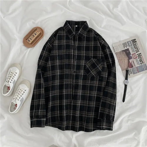 3XL Women Shirts Baggy Plaid Long Sleeve Chic Fashion Simple Casual - Jeetskee