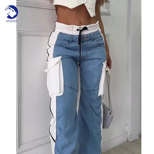 Women High Waisted Baggy Casual Jeans Patchwork Cargo Jeans with - Jeetskee