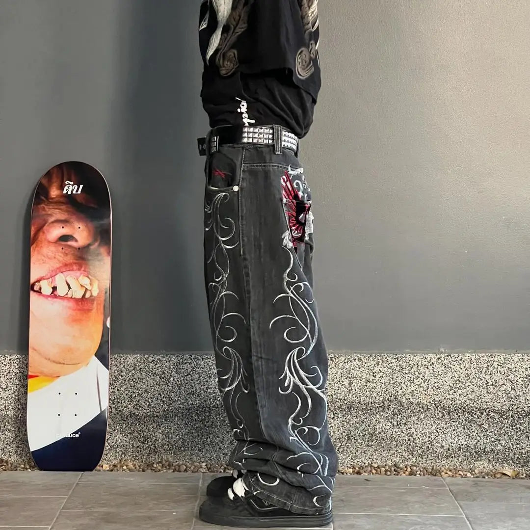 Y2K New Street Harajuku Pattern Jeans Black Baggy Jeans Hip Hop Retro - Jeetskee