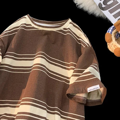 M-3XL Vintage T-shirts Men Striped Y2k Tops Baggy Round Neck Korean - Jeetskee