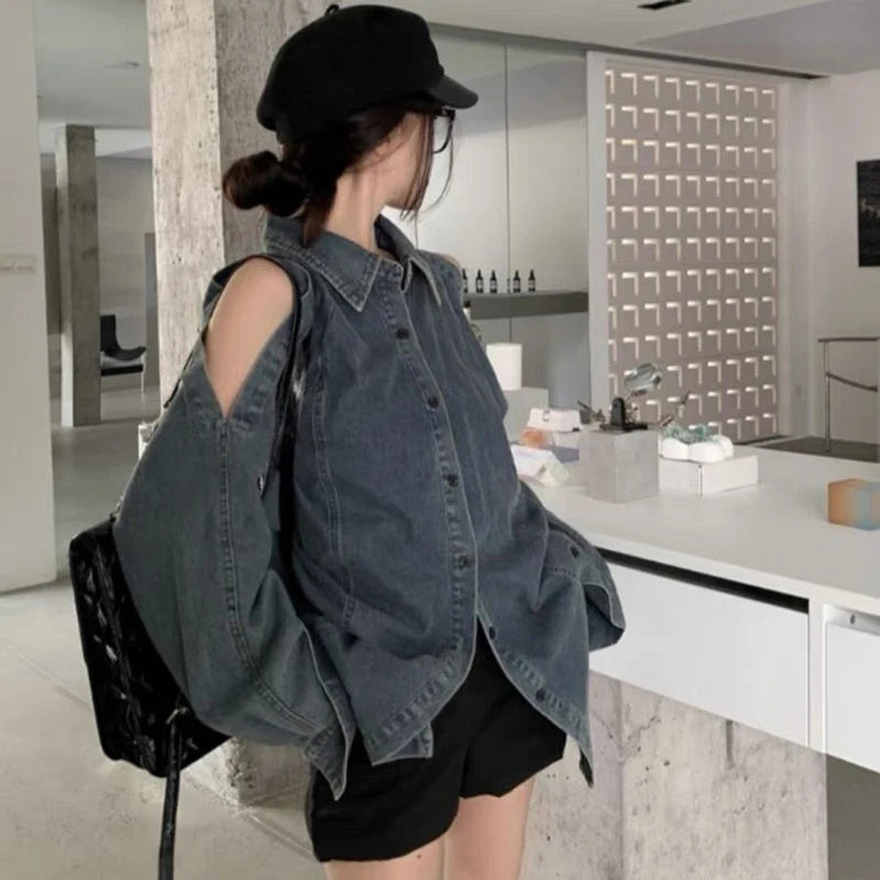 Retro Off Shoulder Denim Shirts Woman 2024 Fashion Single Breasted - Jeetskee