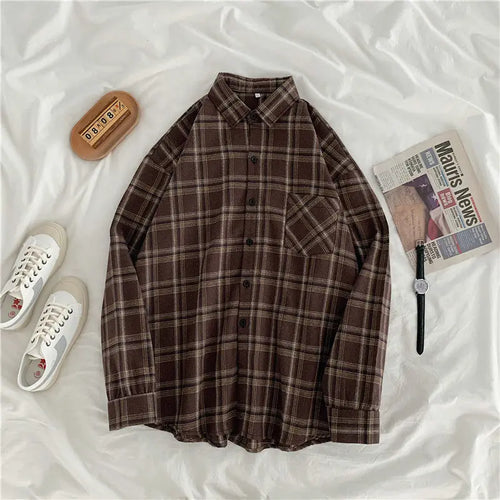 3XL Women Shirts Baggy Plaid Long Sleeve Chic Fashion Simple Casual - Jeetskee