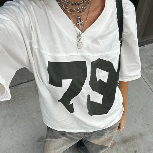 Aesthetic Grunge Number Print T-Shirt Women Casual Summer Short Sleeve - Jeetskee