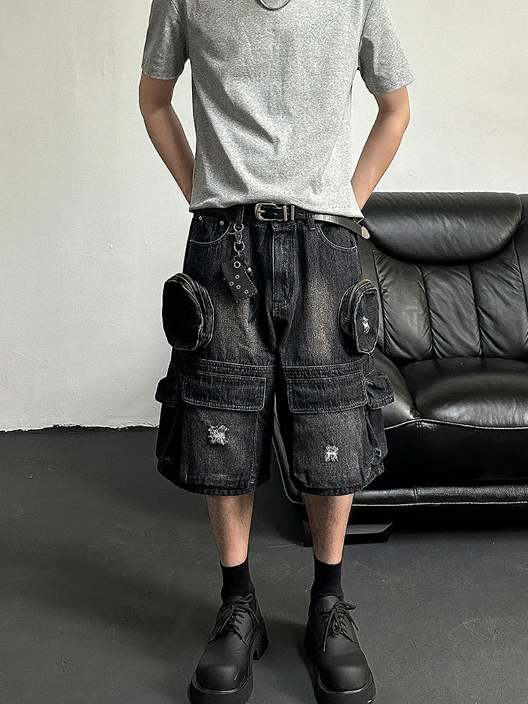 REDDACHiC Hiphop Men Cargo Pockets Denim Shorts Black Washed Destroyed - Jeetskee