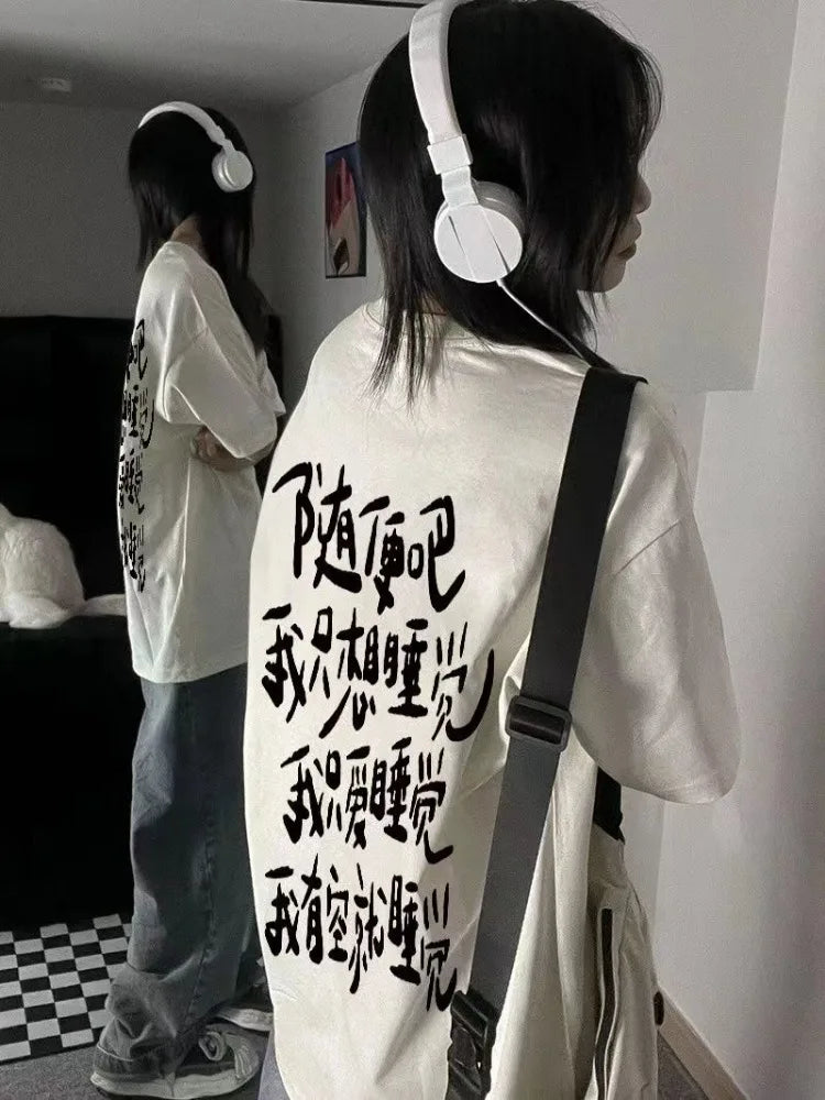 Letter T-shirts Women Harajuku Vintage Chinese Style Summer Couple