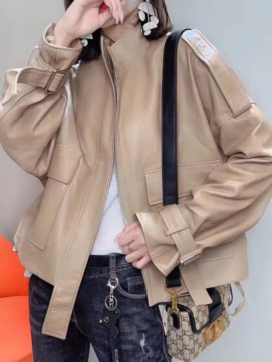 Khaki Genuine Leather Jacket Women Fashion Personality Bandage - Jeetskee