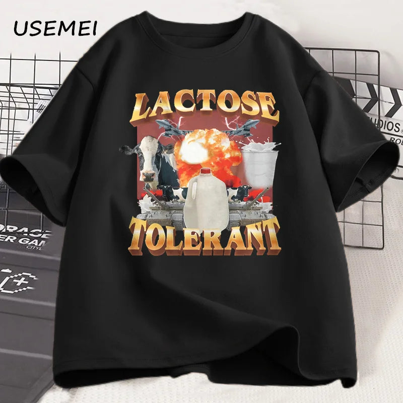 Lactose Tolerant Vintage Graphic T-Shirt for Women Men Retro Milk 90s - Jeetskee