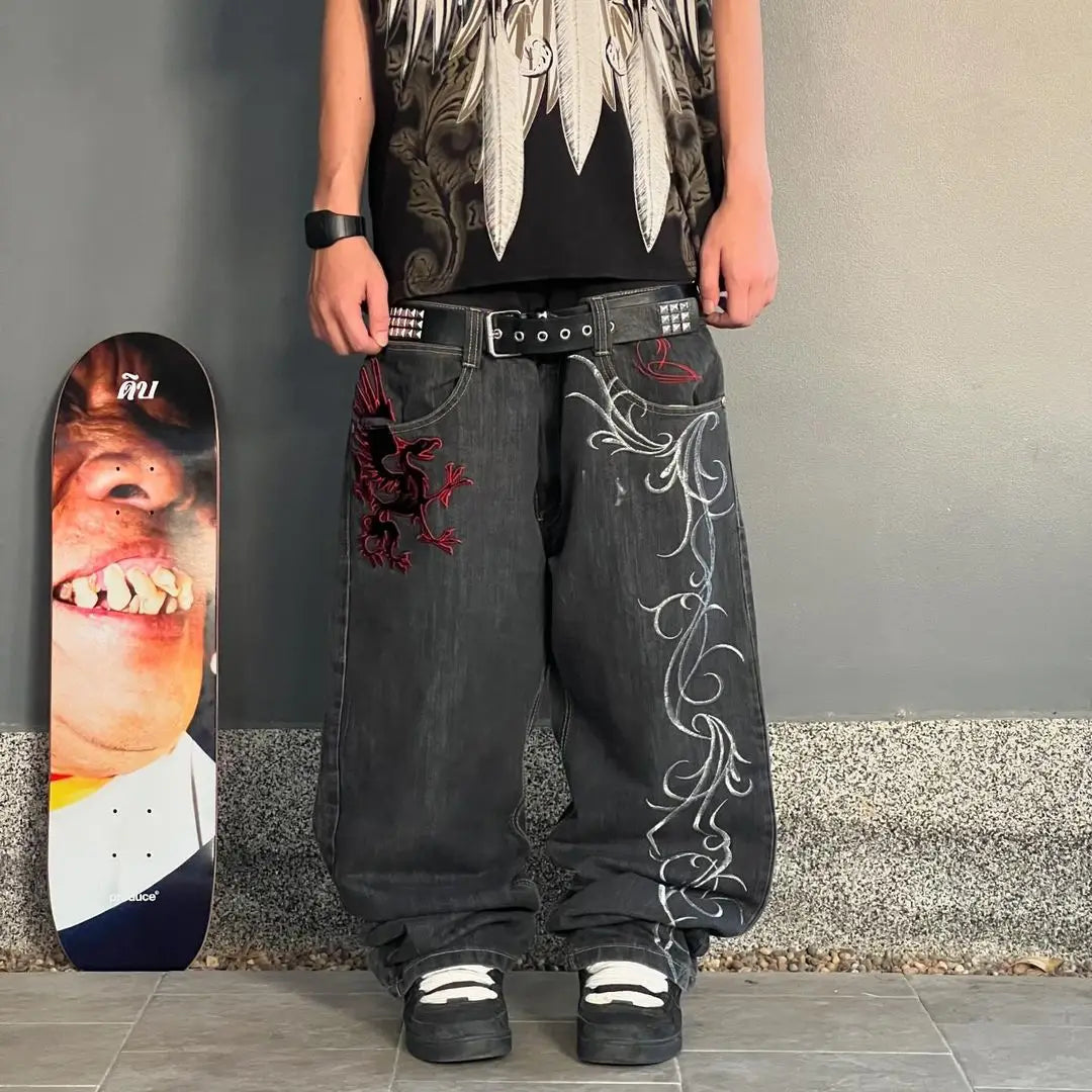 Y2K New Street Harajuku Pattern Jeans Black Baggy Jeans Hip Hop Retro - Jeetskee