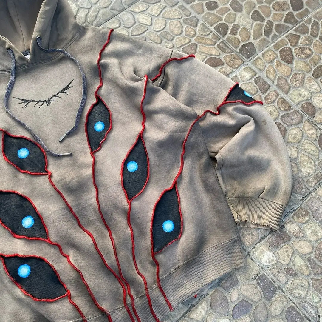 Gothic Punk Eye Pattern Patchwork Hoodies Women Y2k Top New Retro - Jeetskee