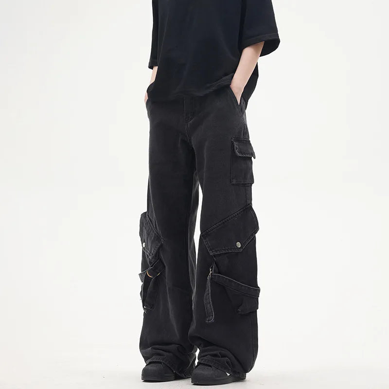 OIMG Y2K Streetwear Black Multi Pockets Baggy Jeans Cargo Pants For - Jeetskee