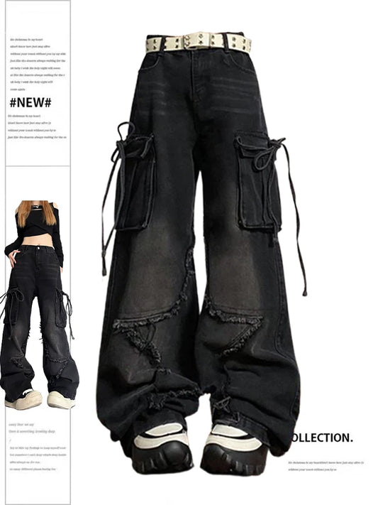 Women's Black Gothic Baggy Cargo Jeans with Star Harajuku Y2k 90s - Jeetskee