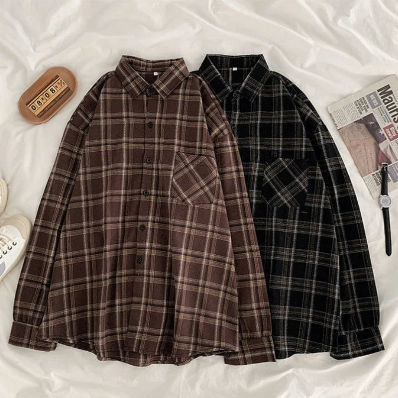 3XL Women Shirts Baggy Plaid Long Sleeve Chic Fashion Simple Casual - Jeetskee