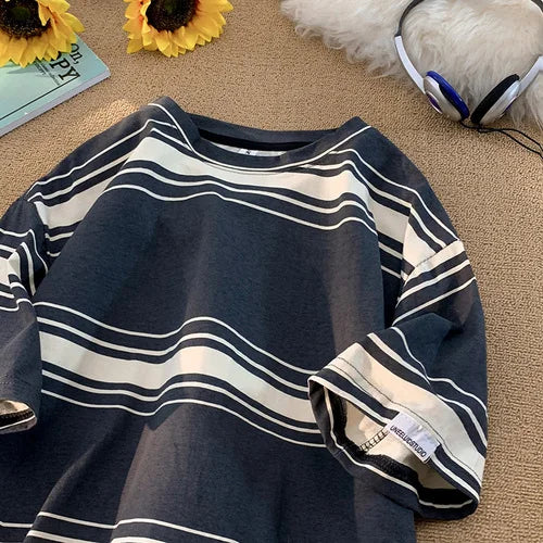 M-3XL Vintage T-shirts Men Striped Y2k Tops Baggy Round Neck Korean - Jeetskee