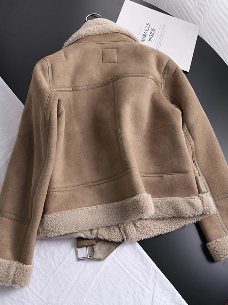 Ailegogo Winter Women Thick Warm Suede Lamb Jacket Short Motorcycle - Jeetskee