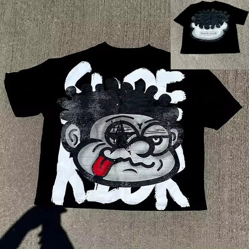 Vintage Big Face Graphic Print Cotton T-Shirt Men Y2K Summer Short - Jeetskee