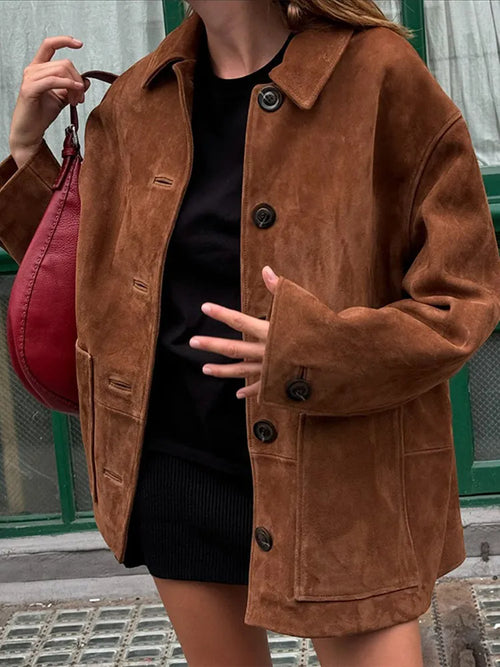 Vintage Brown Suede Leather Blazer Jackets For Women Fashion Lapel - Jeetskee