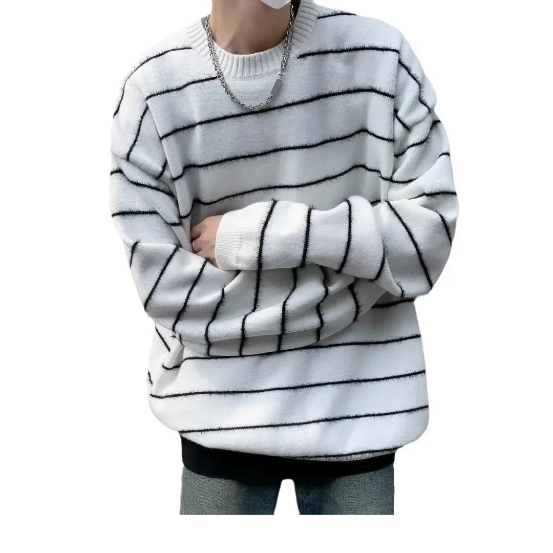 Japanese Fashion Retro Knitted Striped Sweater T-shirt for Men Autumn - Jeetskee