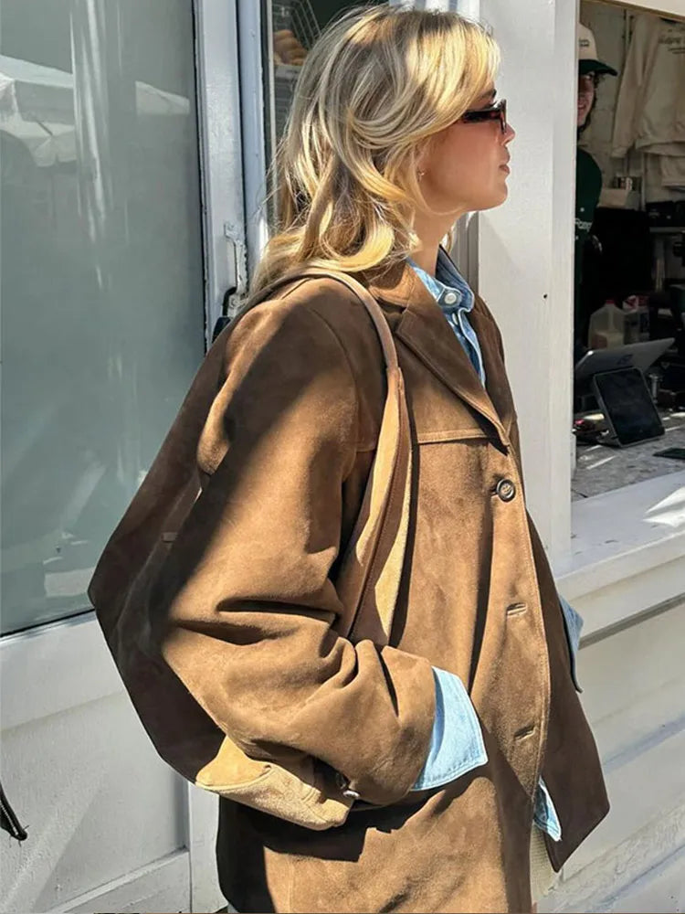 Vintage Brown Suede Leather Blazer Jackets For Women Fashion Lapel - Jeetskee