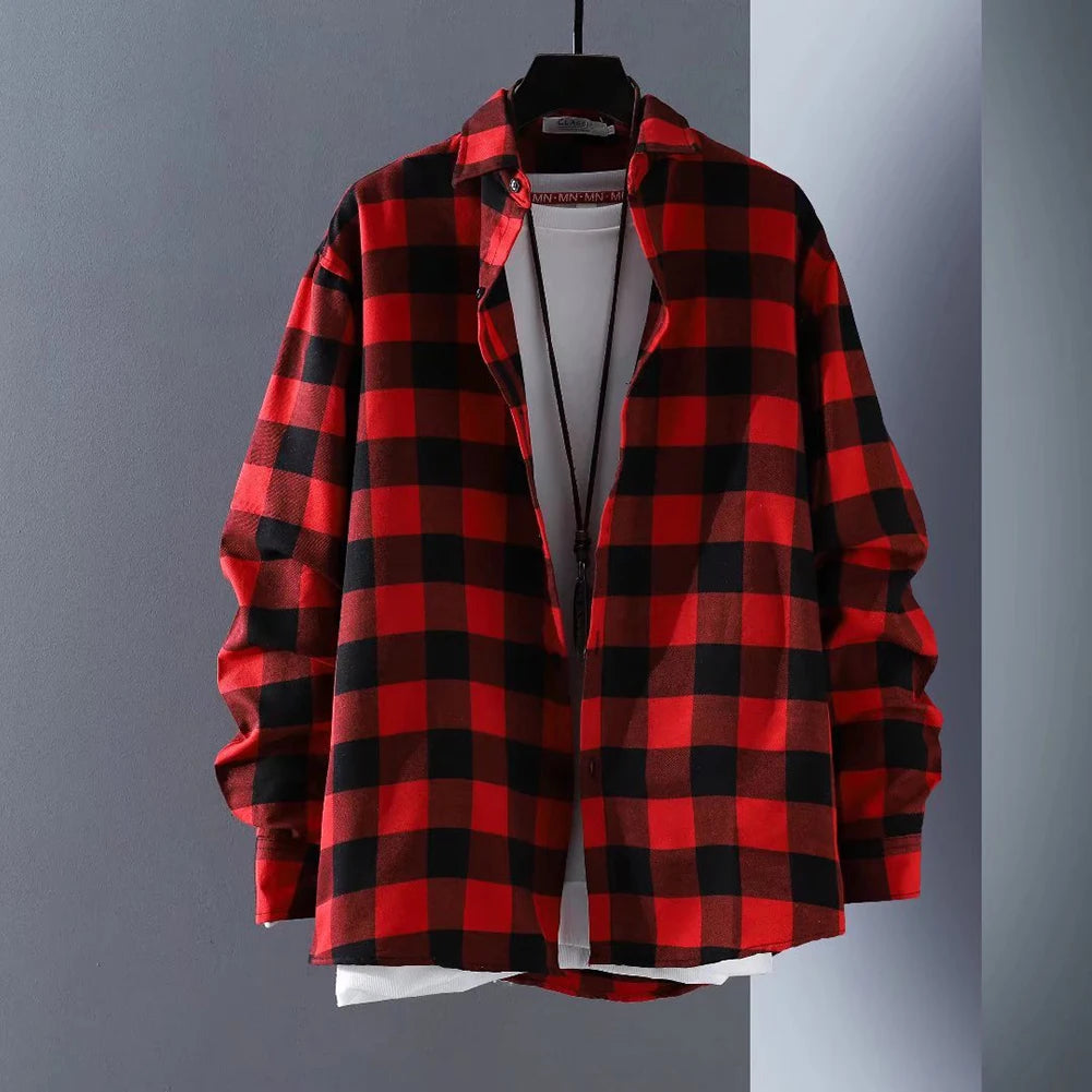 Stylish Mens Button Down Plaid Shirts  Baggy Coat Lapel Tops  Long - Jeetskee