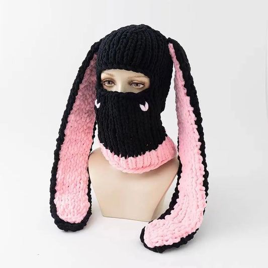 Y2K Long Rabbit Ear Funny Balaclava Hat Winter Thicken Warm Hand Made - Jeetskee