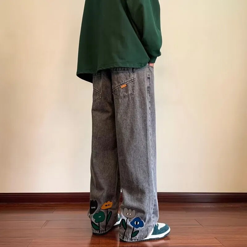 New Men's Y2K Flower Embroidered Baggy Jeans 2023 Streetwear American - Jeetskee