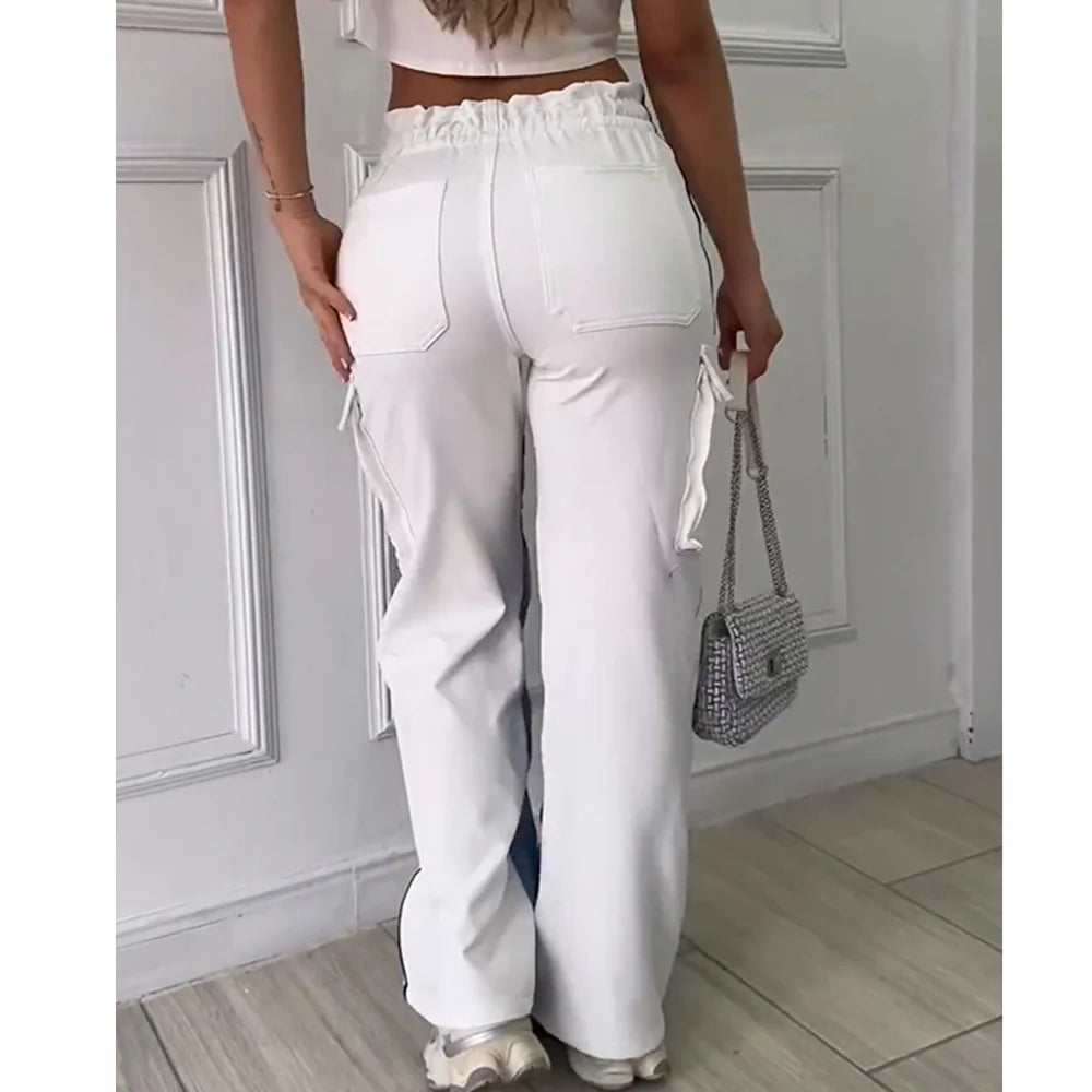 Women High Waisted Baggy Casual Jeans Patchwork Cargo Jeans with - Jeetskee
