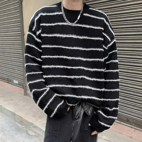 Japanese Fashion Retro Knitted Striped Sweater T-shirt for Men Autumn - Jeetskee